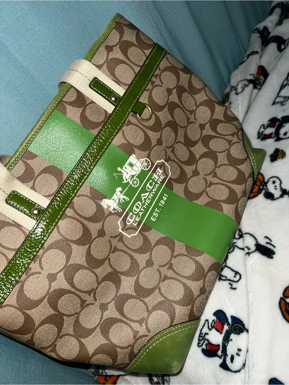 Vintage Coach Beige Signature Canvas Shoulder Bag with Green Trim